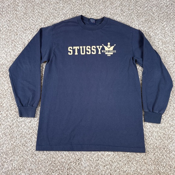 Vintage Stussy Shirt Mens L Navy Long Sleeve World League Graphic